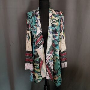 Kamana Colorful Abstract Open Front Drapped Cardigan Size Large NWT